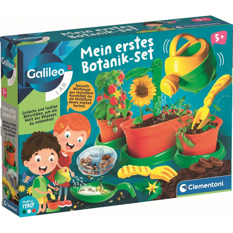 Kinder-Botanikset mit Pflanzen, Werkzeugen und Cartoon-Kindern, Aufschrift: Mein erstes Botanik-Set.