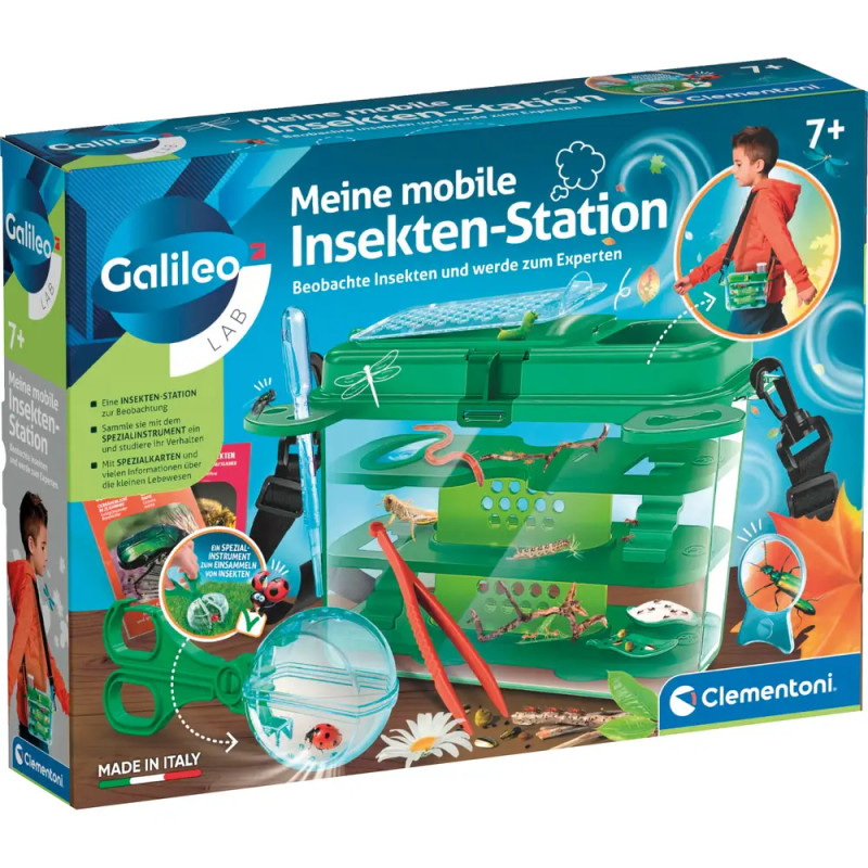 Box der Galileos Meine mobile Insekten-Station mit Kit-Inhalt und Kindern, die das Set nutzen.