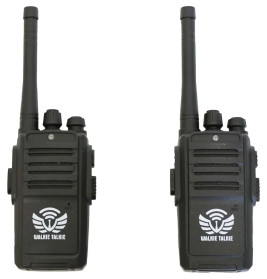 Zwei schwarze Walkie-Talkies mit Antennen stehen aufrecht und zeigen ihre Frontseiten mit Tasten.