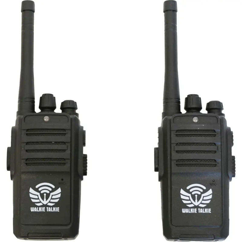 Zwei schwarze Walkie-Talkies mit Antennen stehen aufrecht und zeigen ihre Frontseiten mit Tasten.