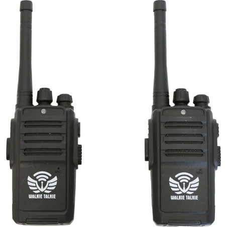 Zwei schwarze Walkie-Talkies mit Antennen stehen aufrecht und zeigen ihre Frontseiten mit Tasten.