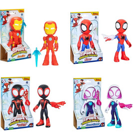 Vier Marvel Spidey and Friends-Figuren: Iron Man, Spider-Man, Miles Morales und Ghost-Spider in Verpackungen.
