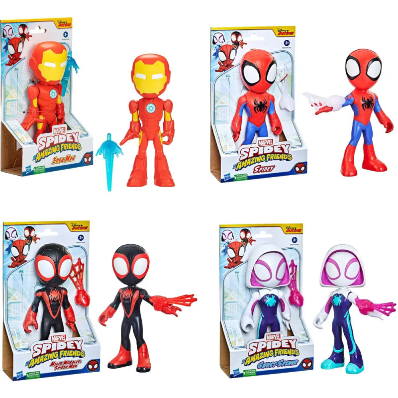 Vier Marvel Spidey and Friends-Figuren: Iron Man, Spider-Man, Miles Morales und Ghost-Spider in Verpackungen.