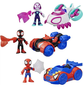 Drei Spider-Man-Figuren mit Fahrzeugen und Zubehör vor weißem Hintergrund.
