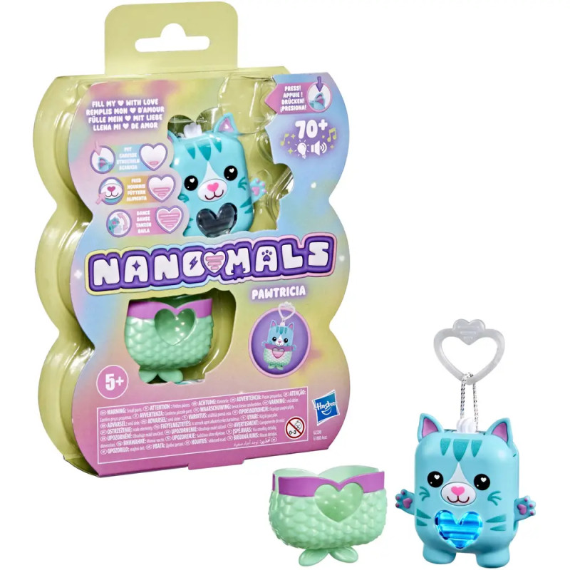 Nanomals Pamtricia Spielzeug im Katzen-Design, Verpackung zeigt Funktionen und enthält einen Schlüsselanhänger.