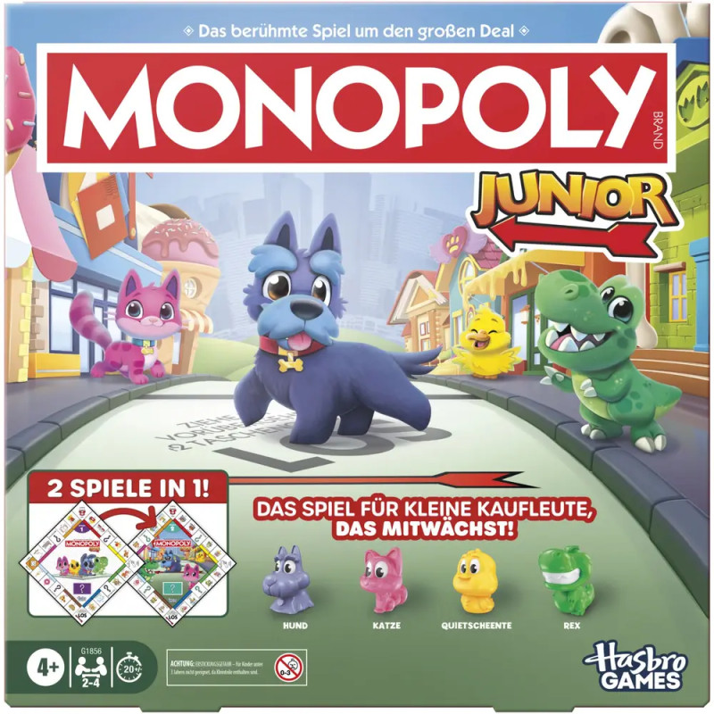 Monopoly Junior Spielschachtel mit Spielfiguren Hund, Katze, Dino und Hase auf bunter Straße.
