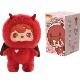 Rotes Plüschteufelchen mit Hörnern und Herzdetails neben pinker Box mit Figurenbildern und Text.