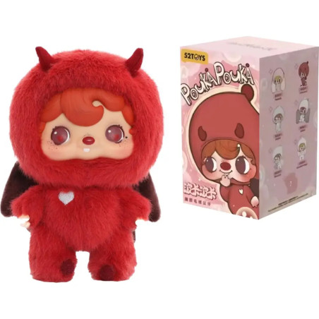 Rotes Plüschteufelchen mit Hörnern und Herzdetails neben pinker Box mit Figurenbildern und Text.