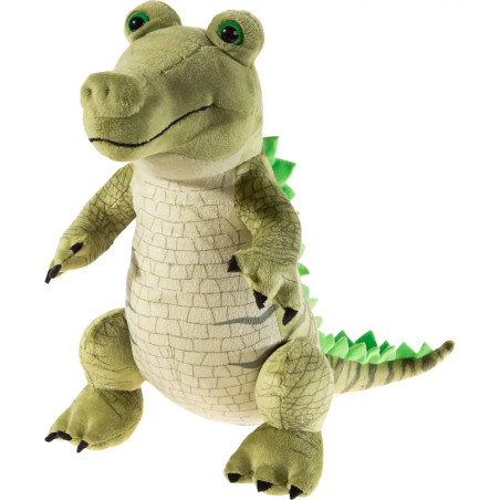 Plüsch-Alligator mit grünen Schuppen, großen Augen und freundlichem Gesichtsausdruck sitzt aufrecht.