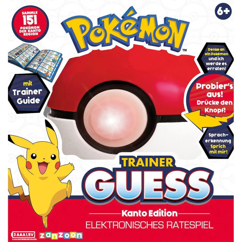 Pokémon Trainer Guess Kanto Edition Spielbox mit Pokéball, Pikachu und Spielinfos auf Deutsch.