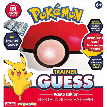 Pokémon Trainer Guess Kanto Edition Spielbox mit Pokéball, Pikachu und Spielinfos auf Deutsch.