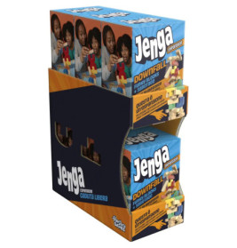 Jenga Downfall Spielbox mit Abbildung von zwei spielenden Personen auf der Verpackung.