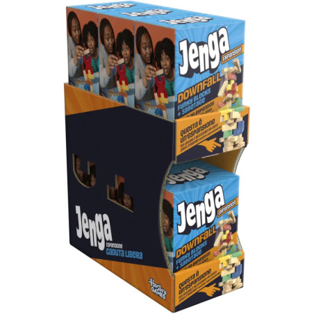 Jenga Downfall Spielbox mit Abbildung von zwei spielenden Personen auf der Verpackung.