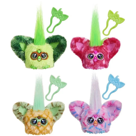 Vier bunte, flauschige Spielzeugfiguren mit hohem Haar, großen Augen und passender Haarklammer darüber.