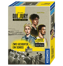Boxcover von Die Jury: Drei gezeichnete Personen und Gerichtsszene vor gelbem Hintergrund.