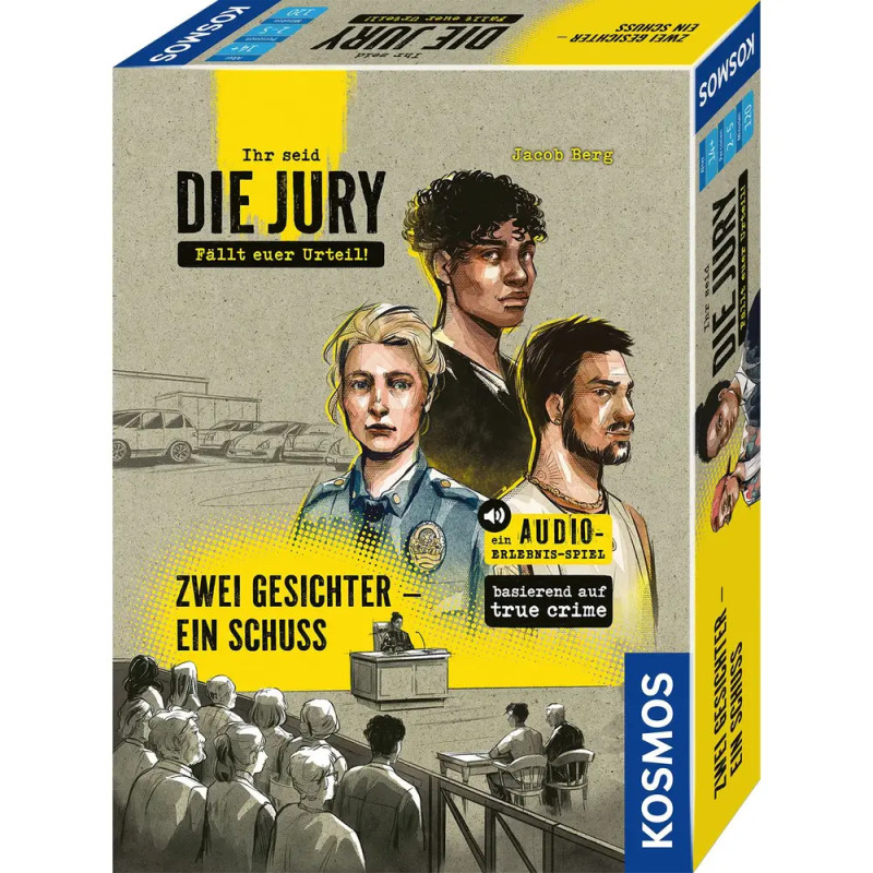 Boxcover von Die Jury: Drei gezeichnete Personen und Gerichtsszene vor gelbem Hintergrund.