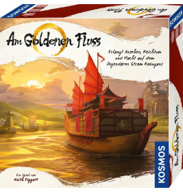 Ein Boot mit roten Segeln fährt auf einem goldenen Fluss, im Hintergrund Berge und ein Dorf Brettspiel-Box-Artwork.