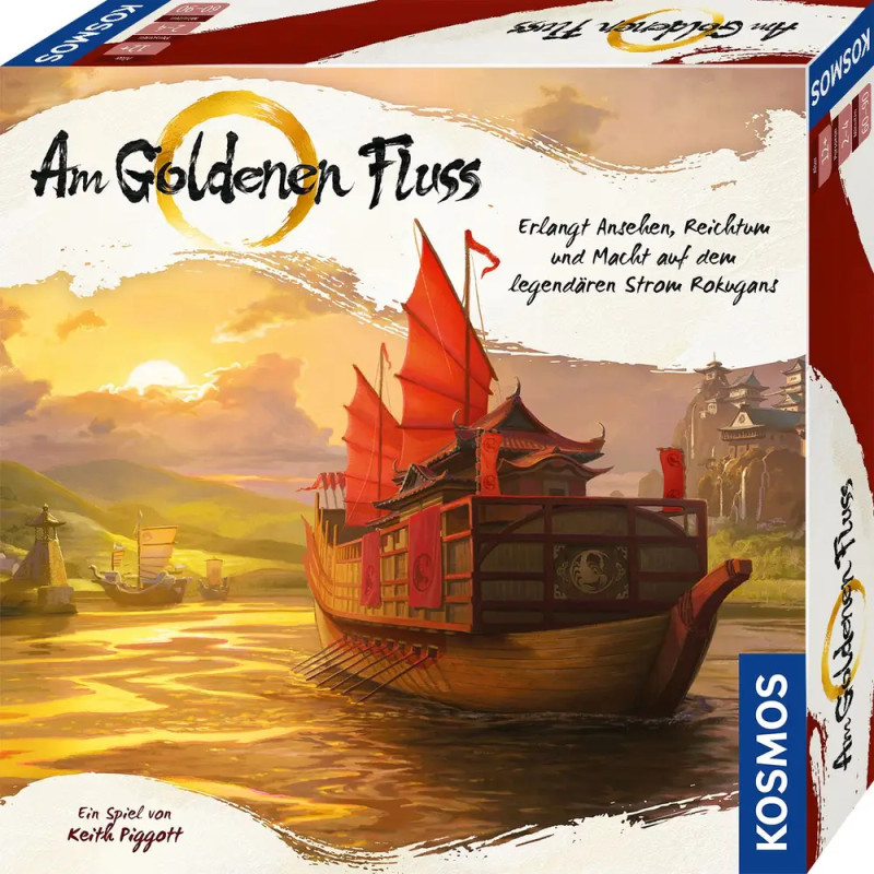 Ein Boot mit roten Segeln fährt auf einem goldenen Fluss, im Hintergrund Berge und ein Dorf Brettspiel-Box-Artwork.