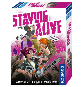Bunte Spielebox von Staying Alive mit Cartoonfiguren in Aktion und Kosmos-Logo.