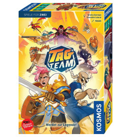 Bunte Tag Team Brettspielbox mit animierten Fantasy-Figuren in Actionposen auf dem Cover.