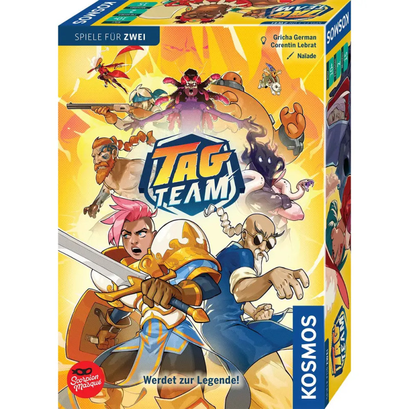 Bunte Tag Team Brettspielbox mit animierten Fantasy-Figuren in Actionposen auf dem Cover.
