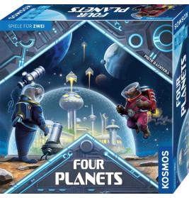 Boxcover des Brettspiels Four Planets mit zwei Aliens vor futuristischer Weltraumkolonie.