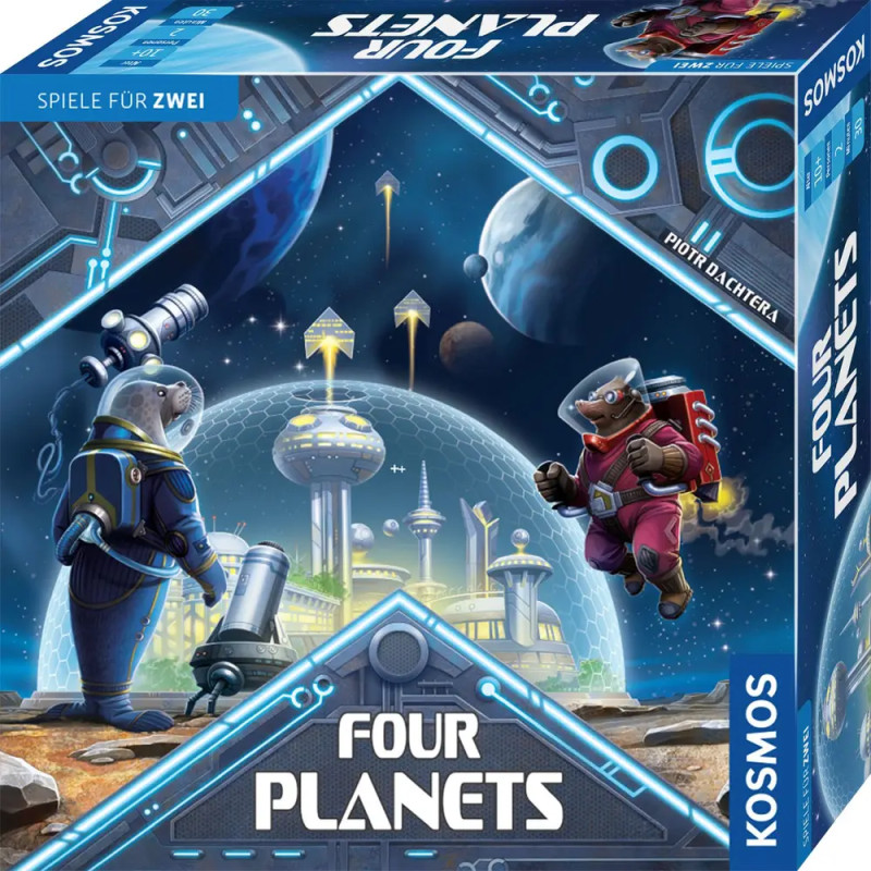 Boxcover des Brettspiels Four Planets mit zwei Aliens vor futuristischer Weltraumkolonie.