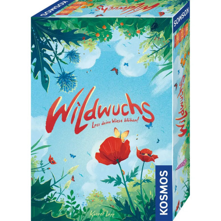 Wildwuchs-Brettspielschachtel mit bunten Blumen, Pflanzen, blauem Himmel und roter Schrift auf dem Cover.
