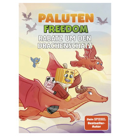 Cartoonfiguren reiten auf roten Drachen am Himmel, dazu der Titel Paluten Freedom: Rabatz um den Drachenschatz.