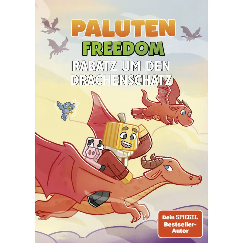 Cartoonfiguren reiten auf roten Drachen am Himmel, dazu der Titel Paluten Freedom: Rabatz um den Drachenschatz.