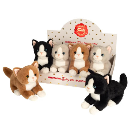 Sechs Plüschkätzchen in verschiedenen Farben in einer Box der Hermann Teddy Collection ausgestellt.
