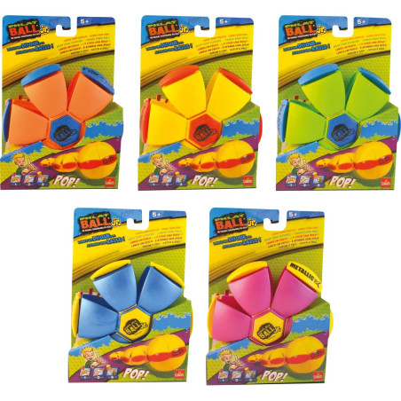 Fünf bunte Phlat Ball-Spielzeuge in Verpackung, jeweils in unterschiedlichen, auffälligen Farbkombinationen.