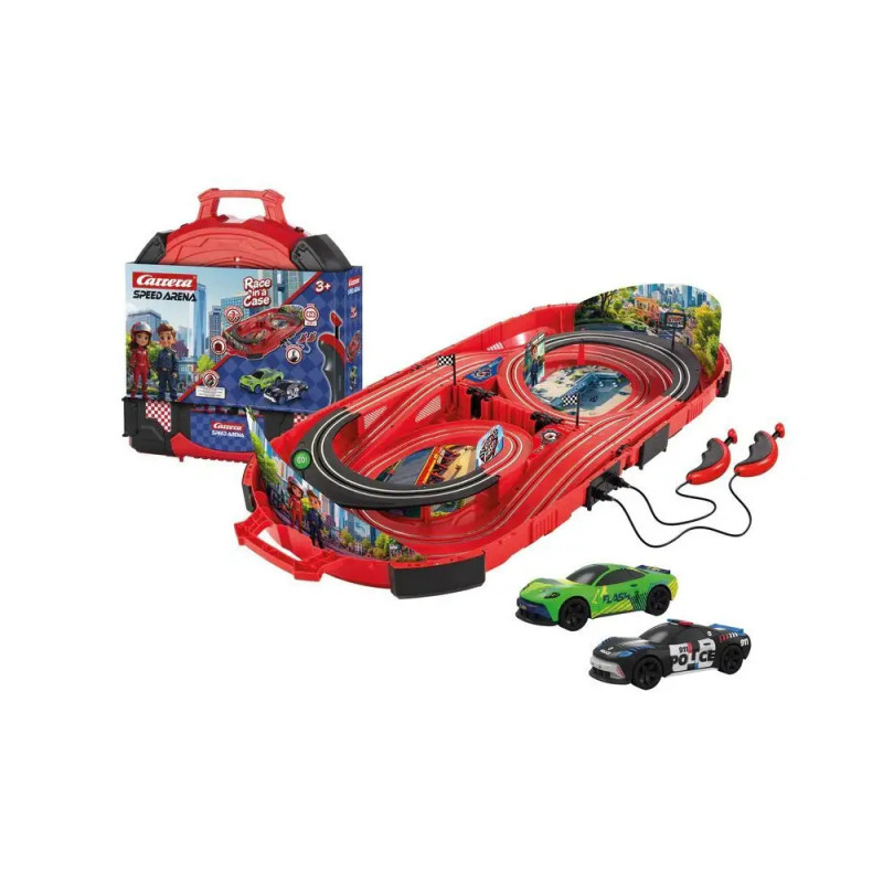 Rotes Slotcar-Rennbahn-Set mit zwei Autos, Controllern und einem Transportkoffer im Hintergrund.