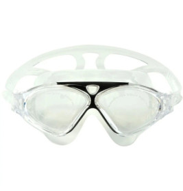 Durchsichtige Schwimmbrille mit weißem Band und schwarzem Rand, von vorne auf weißem Hintergrund gezeigt.