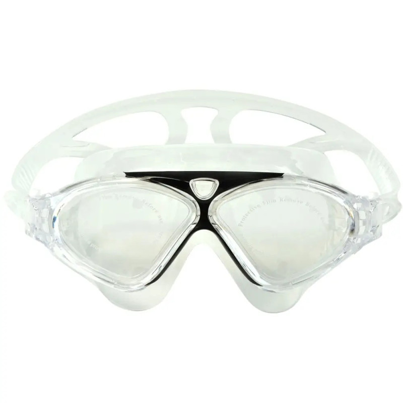 Durchsichtige Schwimmbrille mit weißem Band und schwarzem Rand, von vorne auf weißem Hintergrund gezeigt.