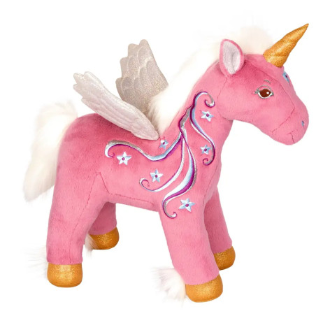 Rosa Plüscheinhorn mit goldenen Hufen und Horn, weißen Flügeln und Sternverzierung an der Seite.