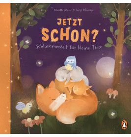 Ein Fuchs und zwei Junge kuscheln unter einem Baum. Vogel, Glühwürmchen und Mond leuchten am Nachthimmel.