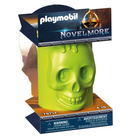Grüner, schädelförmiger Playmobil-Behälter aus der Novelmore-Serie, empfohlen für Kinder von 4 bis 10 Jahren.