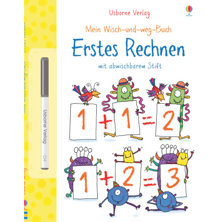 Buntes deutsches Arbeitsbuch mit Monstern, Zahlen, Rechenaufgaben und einem Marker auf der linken Seite.