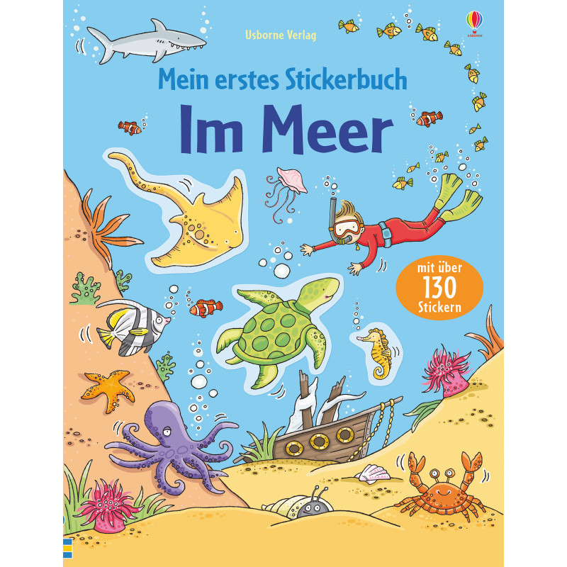 Buntes deutsches Stickerbuch-Cover mit Meerestieren, Taucher und Schiffswrack unter Wasser.