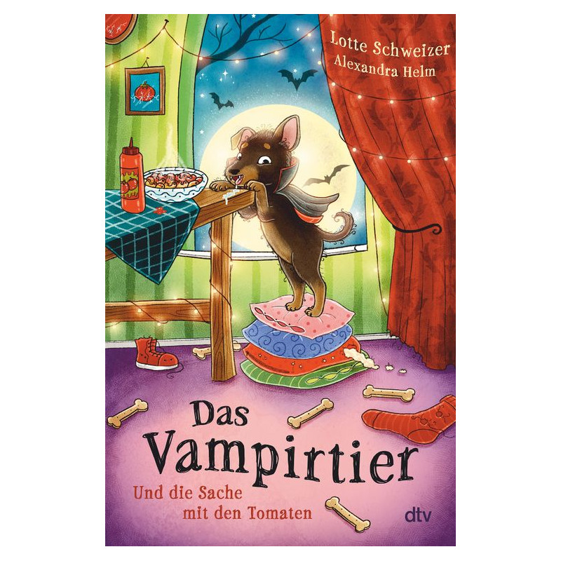 Buchcover von Das Vampirtier: Ein Fledermaus-Hund sitzt auf einem Tisch, Knochen liegen auf dem Boden verteilt.