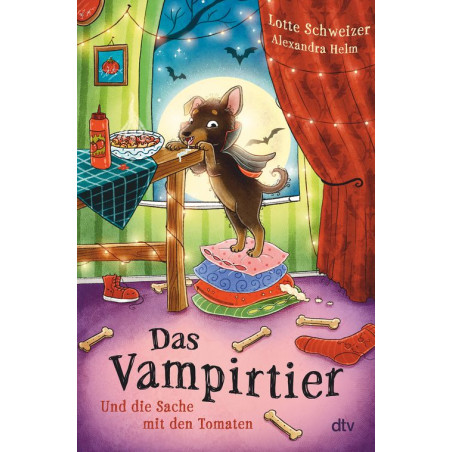 Buchcover von Das Vampirtier: Ein Fledermaus-Hund sitzt auf einem Tisch, Knochen liegen auf dem Boden verteilt.