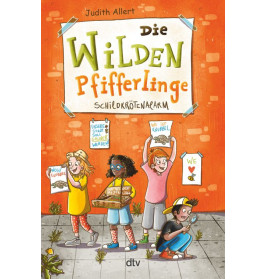Vier Kinder stehen auf dem Gehweg, halten Schilder und eine Kiste. Im Hintergrund ist eine orangefarbene Wand.