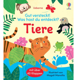 Buntes deutsches Kinderbuchcover: Tiger, Frosch, Faulpelz, Tukan im grünen Laub. Titel: Tiere.