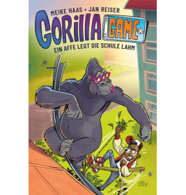 Ein Gorilla mit Brille jagt einen verängstigten Jungen aus einer Schule, darüber der Buchtitel Gorilla-Game.