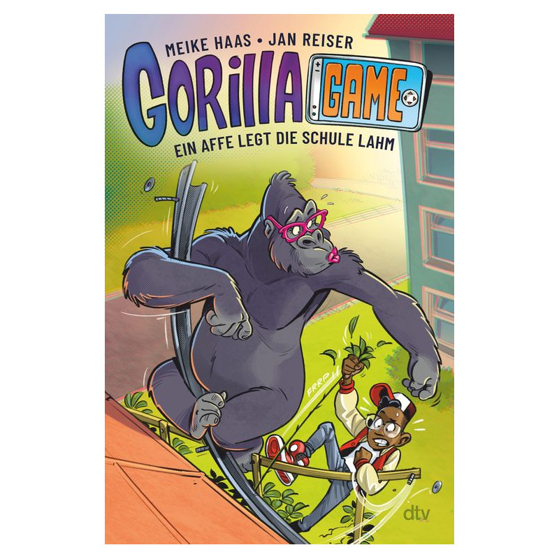 Ein Gorilla mit Brille jagt einen verängstigten Jungen aus einer Schule, darüber der Buchtitel Gorilla-Game.