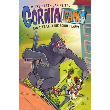 Ein Gorilla mit Brille jagt einen verängstigten Jungen aus einer Schule, darüber der Buchtitel Gorilla-Game.