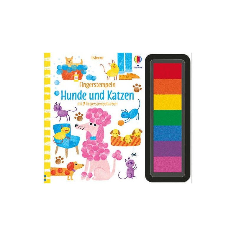 Buntes Kinderbuch-Cover mit spielenden Katzen, Hunden und einem Regenbogen-Stempelkissen rechts.