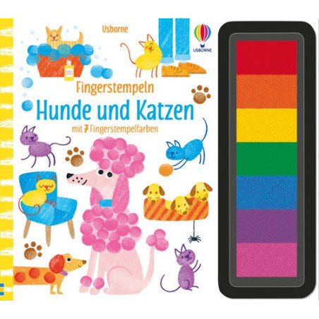 Buntes Kinderbuch-Cover mit spielenden Katzen, Hunden und einem Regenbogen-Stempelkissen rechts.