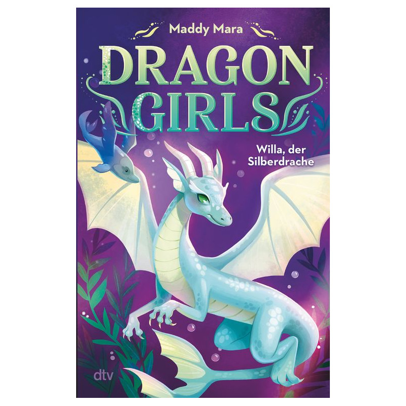 Buchcover von Dragon Girls: Willa, der Silberdrache mit einem silbernen Drachen mit Flügeln und Blättern.